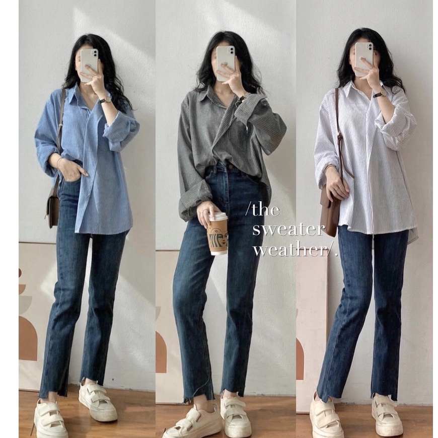Áo sơ mi kẻ dài tay Hàn Quốc oversize siêu đẹp, áo sơ mi sọc tay dài vạt chéo