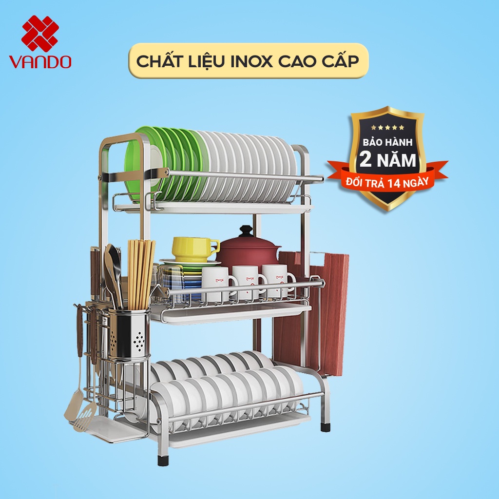 [𝗙𝗿𝗲𝗲𝘀𝗵𝗶𝗽] Kệ để bát đĩa inox 304 cao cấp chống Vi khuẩn, han gỉ, bám bẩn Vando