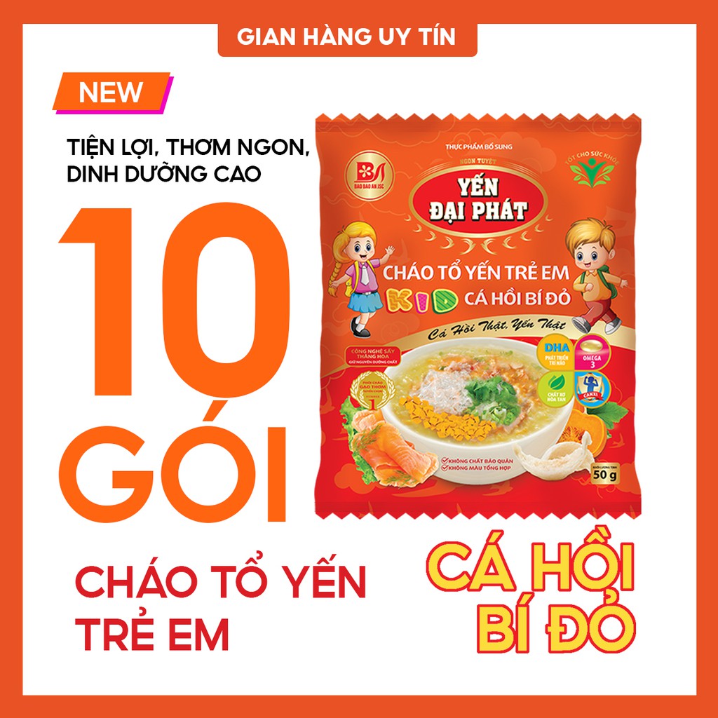 Cháo Tổ Yến Trẻ Em Cá Hồi Bí Đỏ - Yến Đại Phát (10 gói x 50gram) 4 gói gia vị, ăn liền, tiện lợi, thơm ngon.