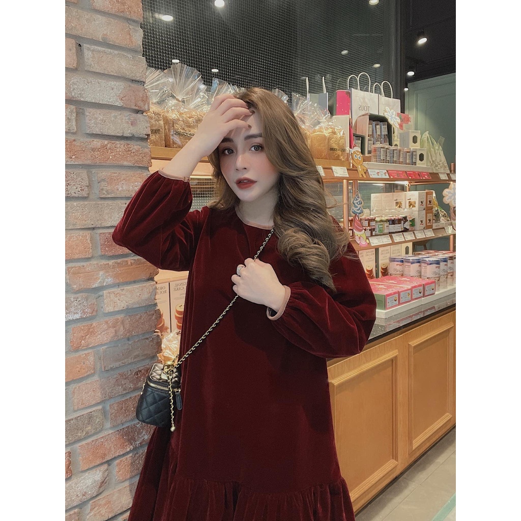 Váy bầu bigsize chất dạ nhung siêu cấp Đầm nữ tiểu thư dáng suông rộng che khuyết điểm mặc đi chơi dạo phố du lịch