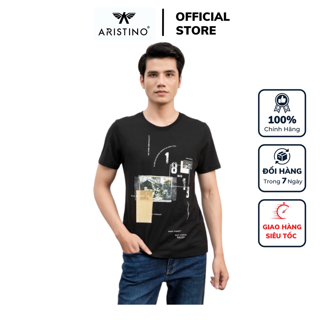 Áo thun nam thời trang T-shirt Aristino tay ngắn màu đen in họa tiết dáng Regular fit chất cotton cao cấp ATS002S1