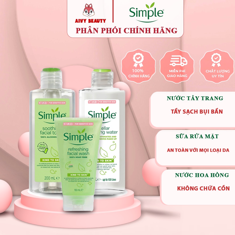 Bộ 3 Nước Tẩy Trang, Sữa Rửa Mặt, Toner Simple