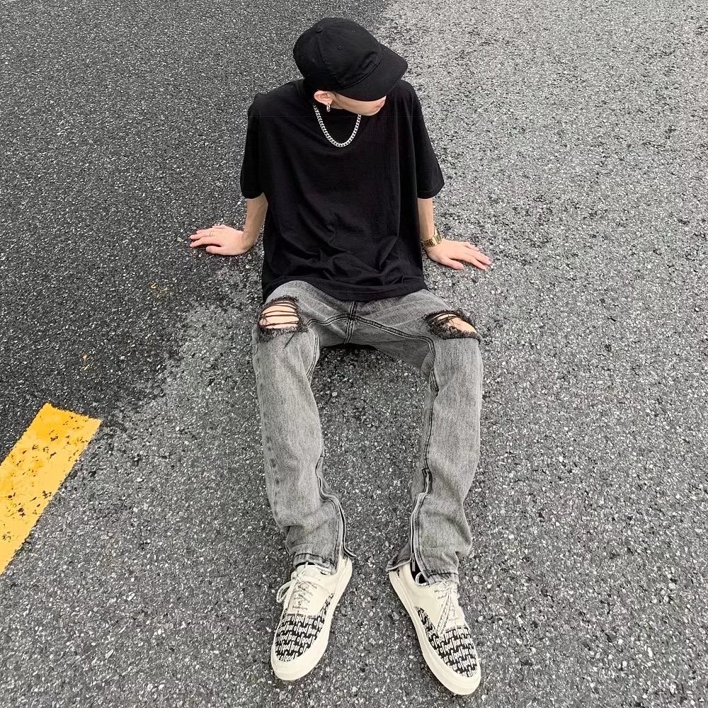 Quần Jean Dài Dáng Ôm Màu Trơn quần jean nam đen rách gối Phối Rách Kiểu Hip-Hop quần jean nữ Hàn Quốc quần ống suông Thời Trang quần bò nữ