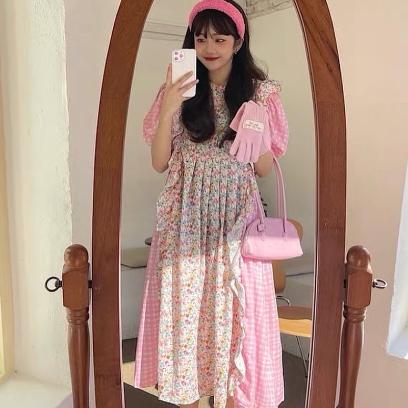 Váy Caro Hồng Phối Hoa