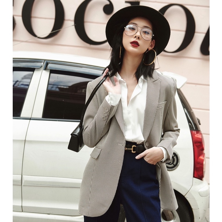 Áo blazer cổ điển họa tiết hoạ tiết houndstooth HUONG BOUTIQUE HBVEST145