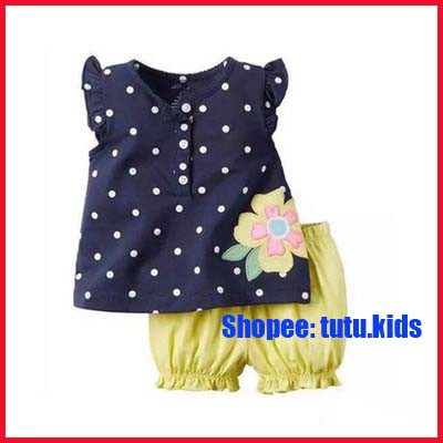 Bộ ngắn tay bé gái cao cấp hàng Carter's xuất dư chất liệu cotton áo chấm bi cánh tiên thêu hoa quần chun ống