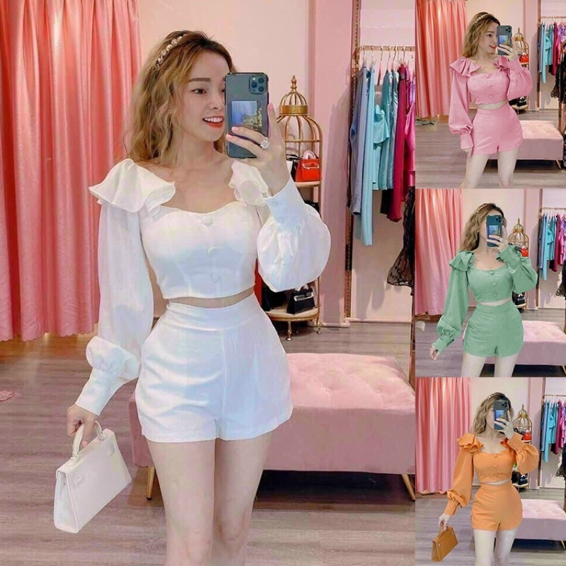 set bộ short áo croptop kèm quần dạo phố siêu xinh