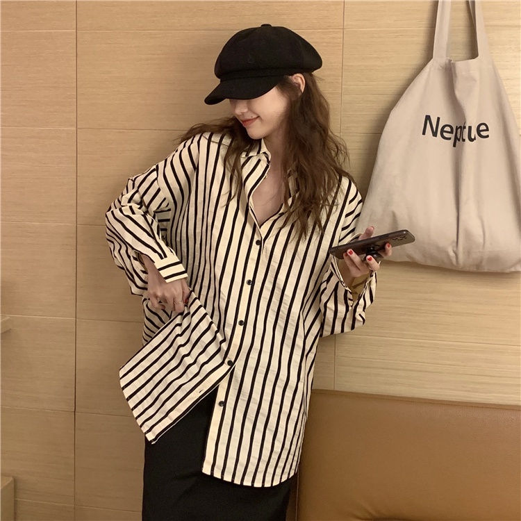 Porozi  Áo sơ mi  tay dài dáng rộng kẻ sọc phong cách Hàn Quốc dễ phối đồ dành cho nữ
