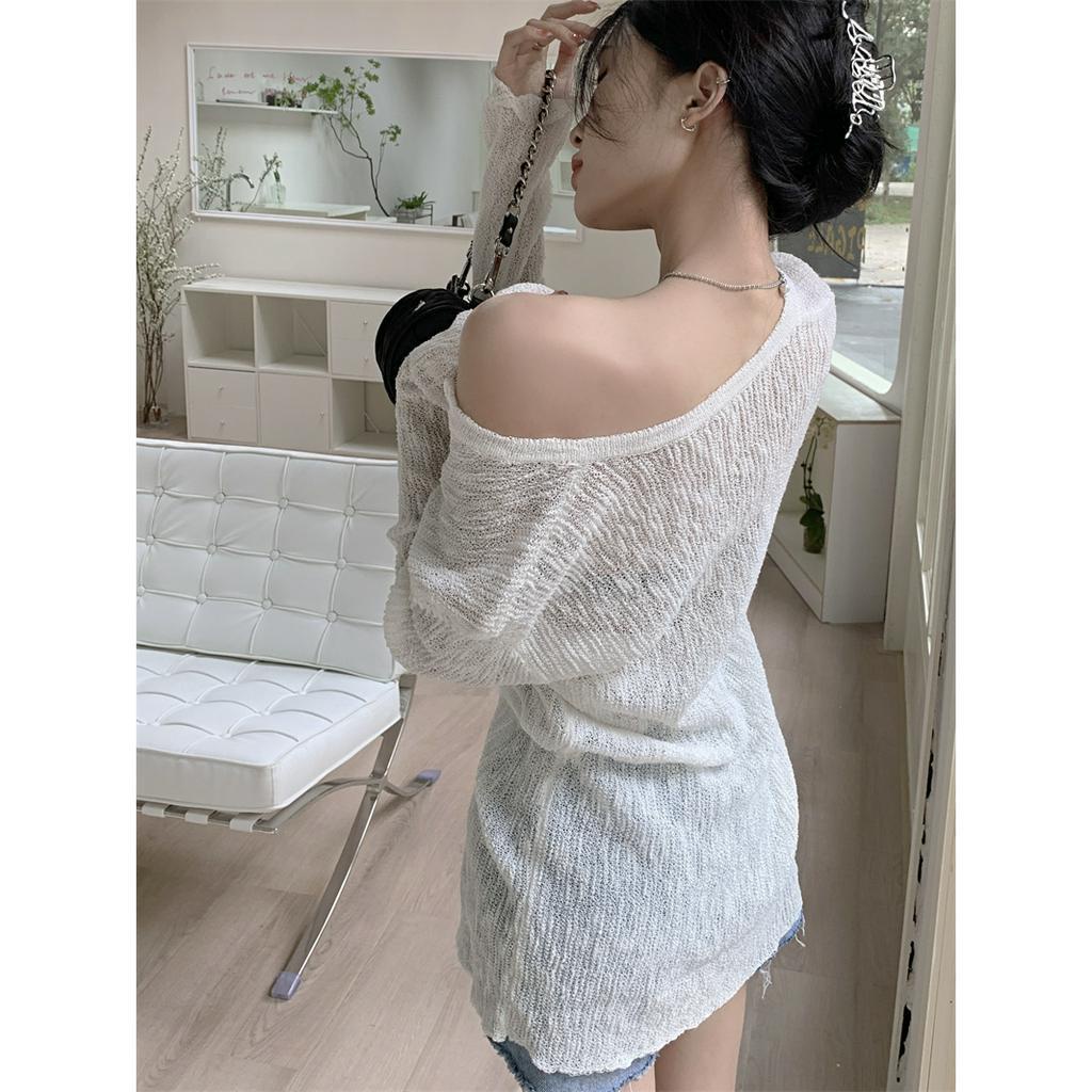 Áo Len Tay Dài Cổ Chữ V Dáng Rộng Xẻ Tà Màu Trơn Thời Trang Mới