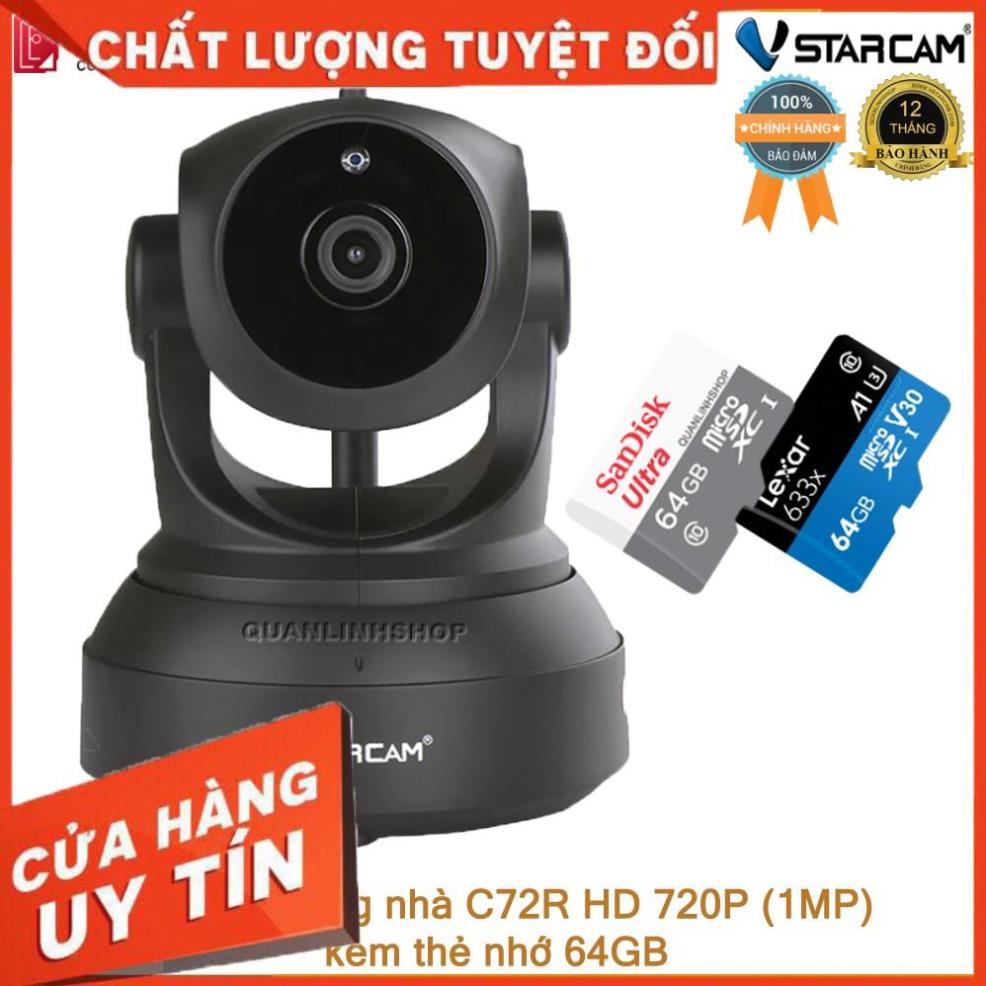 (giá khai trương) Camera giám sát Wifi IP hồng ngoại ban đêm Vstarcam C72R HD 720P (1MP) kèm thẻ 64GB