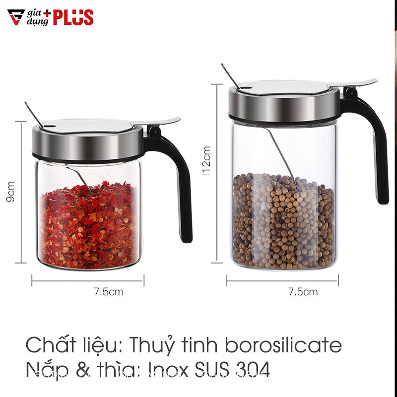 Lọ đựng gia vị thuỷ tinh boroslicate nắp bật bằng inox sus 304 cao cấp (+tặng kèm thìa inox 304) PHALEDO