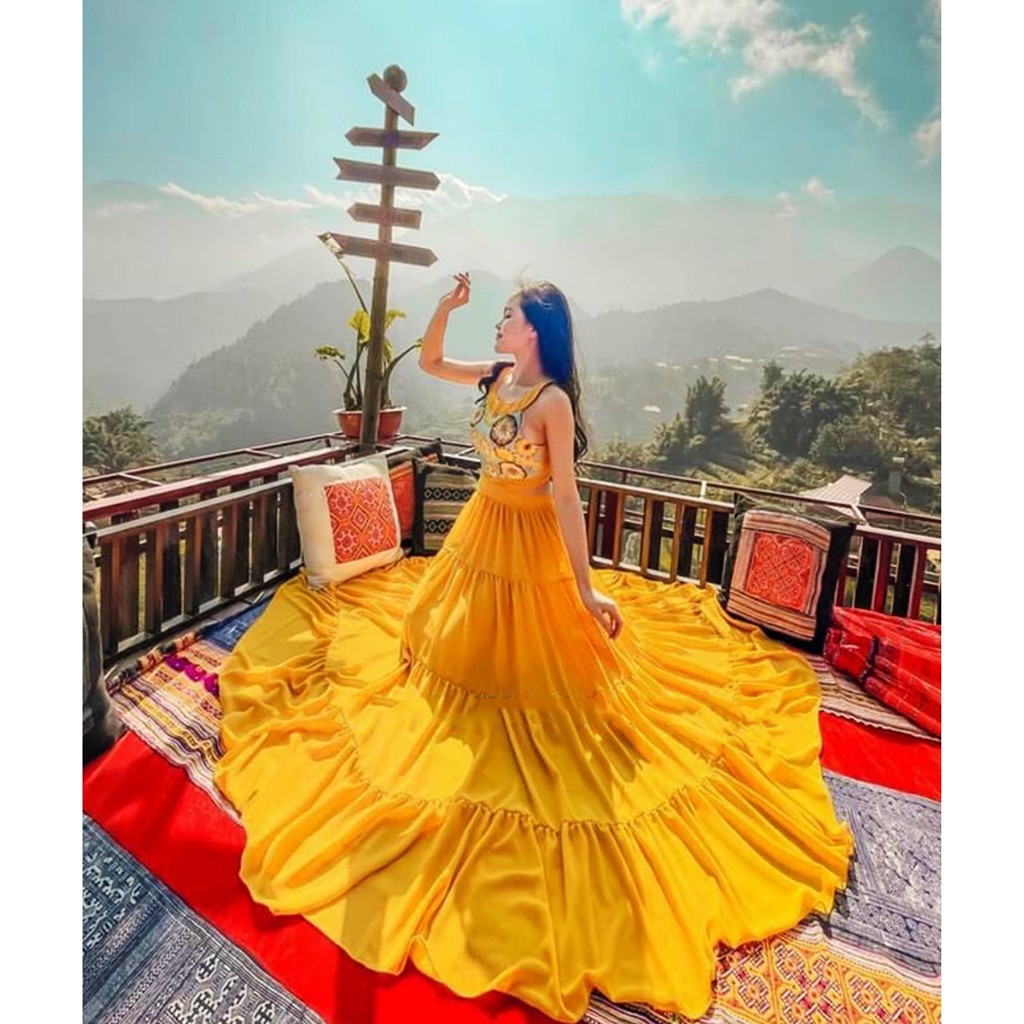 Đầm maxi vàng cut eo chụp hình sống ảo siêu dễ thương HaKieu Msp028