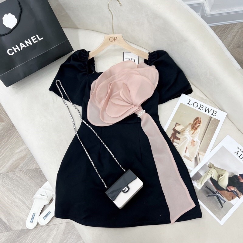 Váy Tacta Đi Tiệc Tay Bồng Hoa Hồng To Chất Umi Dày Dặn QCCC