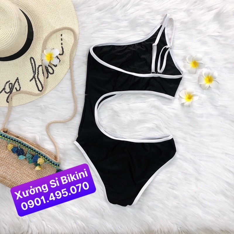 [BIKINI LIỀN MẢNH CAO CẤP] Đồ bơi 1 mảnh khoét eo khoét mông sexy màu đen viền trắng
