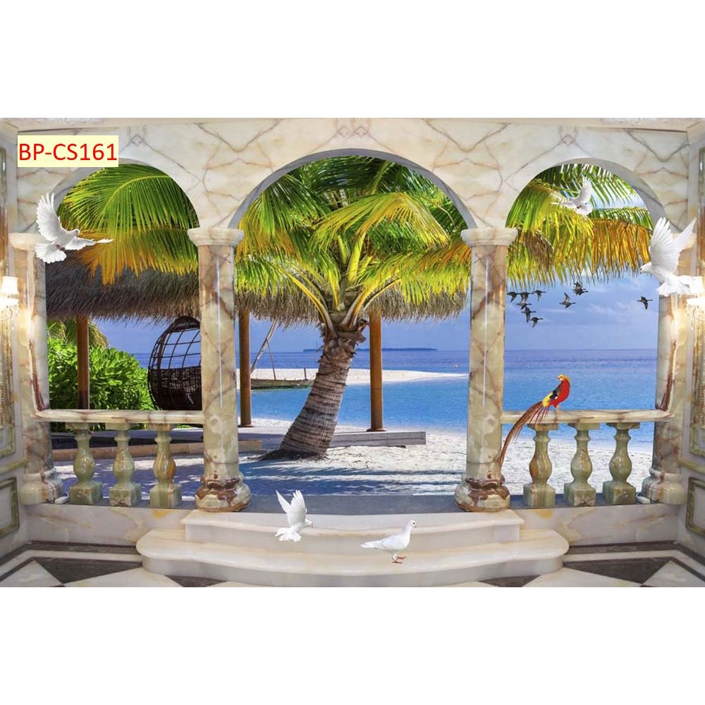 Tranh dán tường 3D khung cửa sổ thiên nhiên trong lành Vải Lụa 3D Cao Cấp