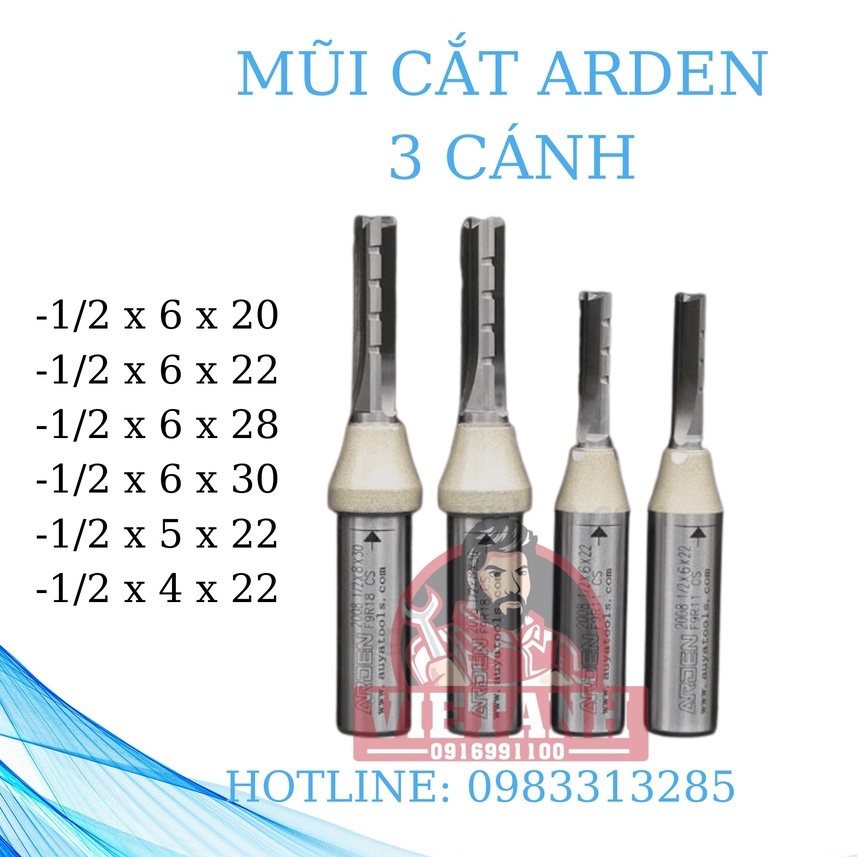 Mũi dao cắt hiệu Arden 3 cánh dùng cho máy CNC thường hay dùng mã 1/2x6x20 , 1/2x6x22 ,  1/2x6x28 , 1/2x5x22 , 1/2x4x22