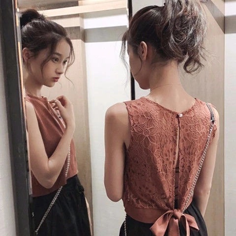 AMOI Áo Dệt Kim Không Tay Phối Ren Thời Trang Dành Cho Nữ