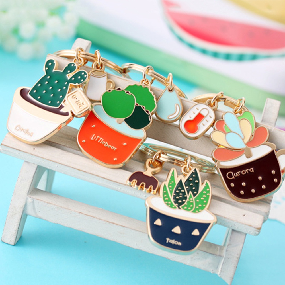 Móc Khóa Hình Chậu Cây Xương Rồng Tráng Men Độc Đáo