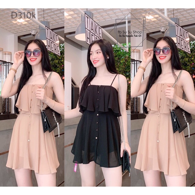Đầm ngắn 2 dây đính nút