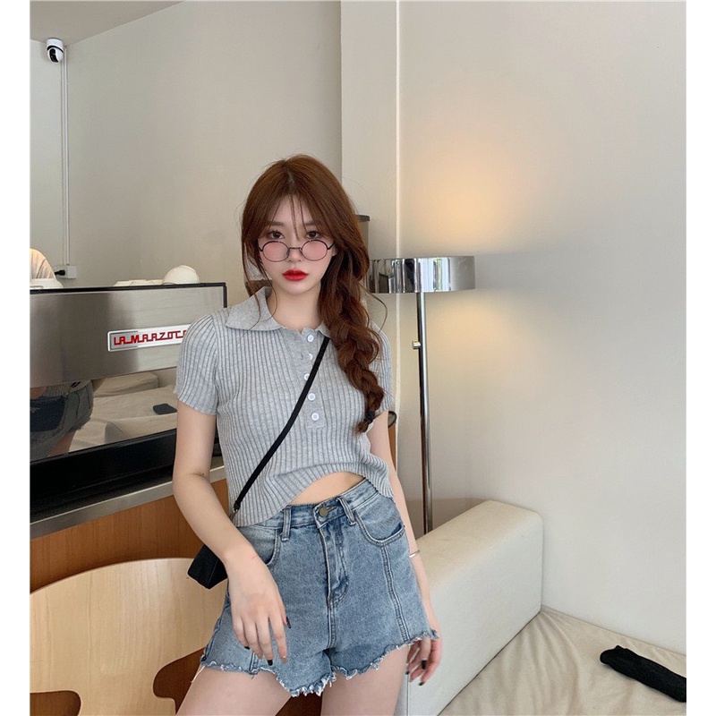 [BÁN SỈ] Áo Len Nữ Cộc Tay Ôm Body Chất Len Đũa Cổ Bẻ_Thanh Lịch