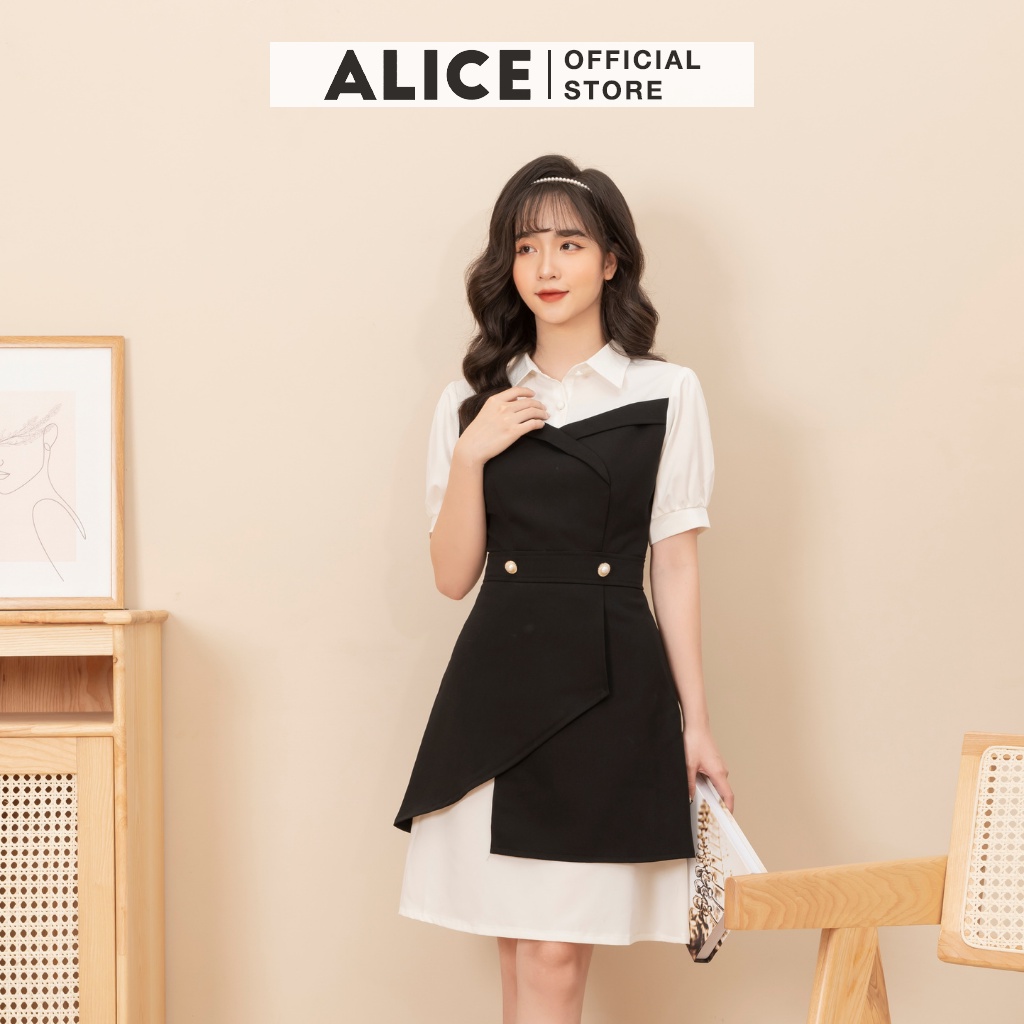 Váy Công Sở Chữ A Nữ ALICE Thiết Kế Cổ Sơ Mi Chân Váy Vạt Chéo Sang Đính Ngọc Thanh Lịch V703