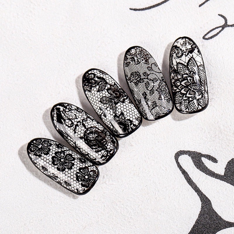 Foil dán móng ren trắng đen 10 tấm