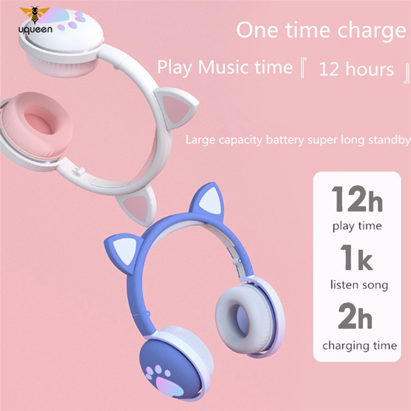 Uq Bluetooth Headphones Cute Led Cat Ear Girls Gift Kids Headset Wireless Hifi Stereo Bass 3 5mm Plug With Mic Chinh Hang 349 000đ