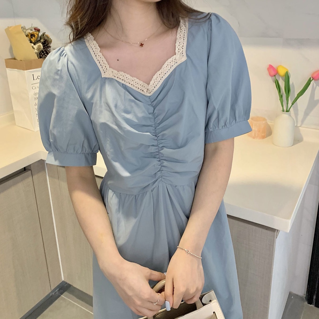 Đầm Tay Phồng Dài Phối Ren Màu Xanh Dương Phong Cách Pháp Thanh Lịch Thời Trang Mùa Hè Cho Nữ