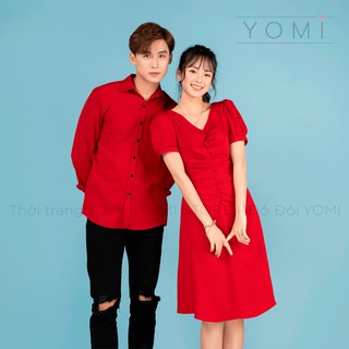 Set váy áo hè đỏ nổi bật, đồ đôi đẹp, chất vải mềm mát mùa hè 2020 Hàn Quốc năng động