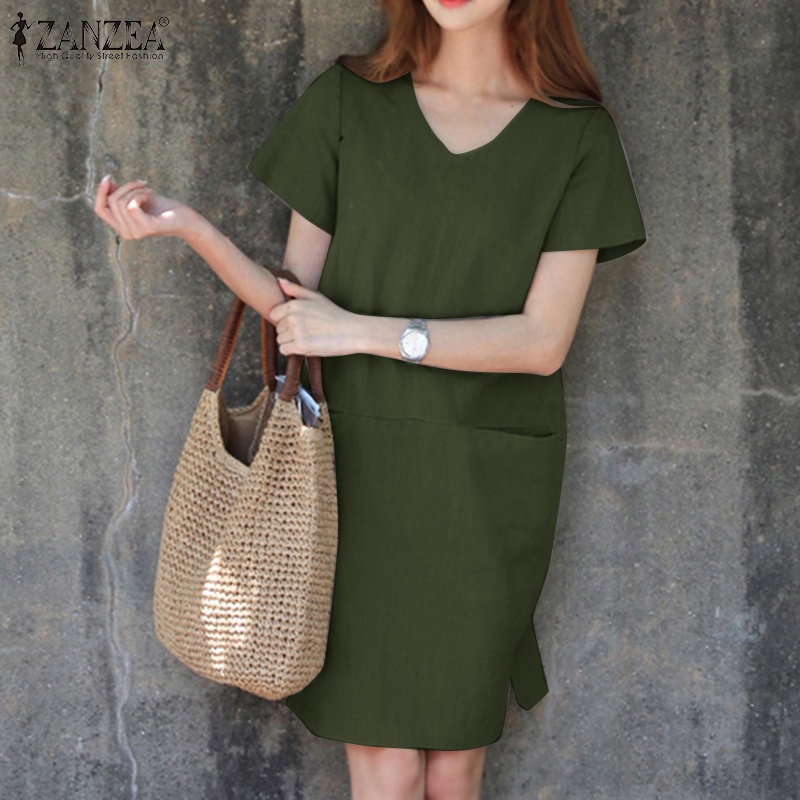 Đầm ZANZEA ngắn tay cổ chữ v xẻ tà thời trang cho nữ