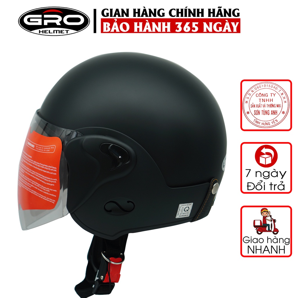 Mũ bảo hiểm cả đầu Gro T318 V1 có kính dài, nhựa ABS bền đẹp, khóa kim loại chắc chắn, mút xốp dày dặn - đen nhám full