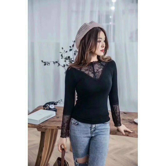 Áo Giữ Nhiệt Nữ Lót Nỉ Cổ Ren Siêu Ấm Hàng Loại Đẹp