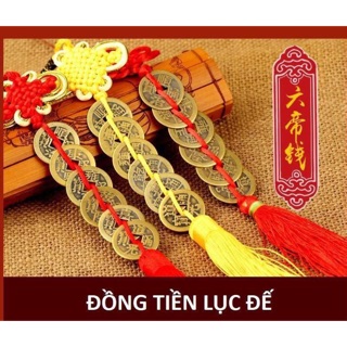 Xâu tiền xu lục đế có dây kết đồng tâm đỏ mang may mắn đồ phong thuỷ