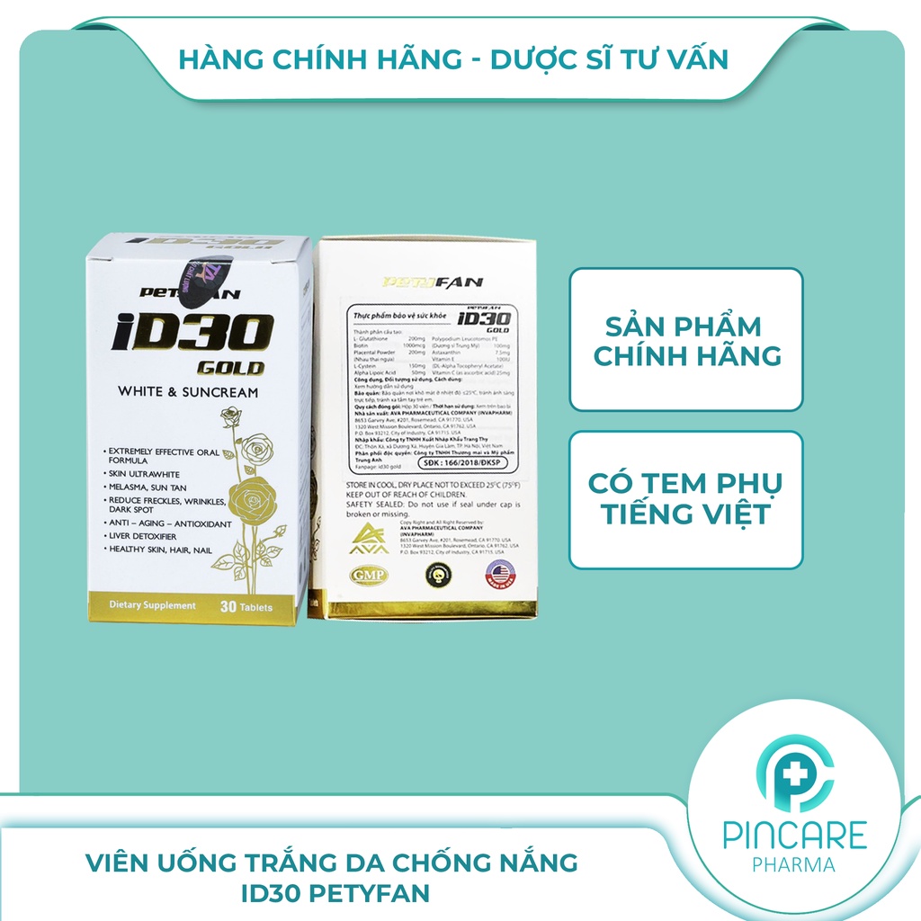 Viên uống trắng da chống nắng PETYFAN ID30 Gold White Suncream - Hàng chính hãng - Nhà thuốc PinCare