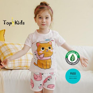 Bộ cộc bé gái mèo vàng quàng khăn/ Thương hiệu PUCO Hàn Quốc, Chất organic cotton