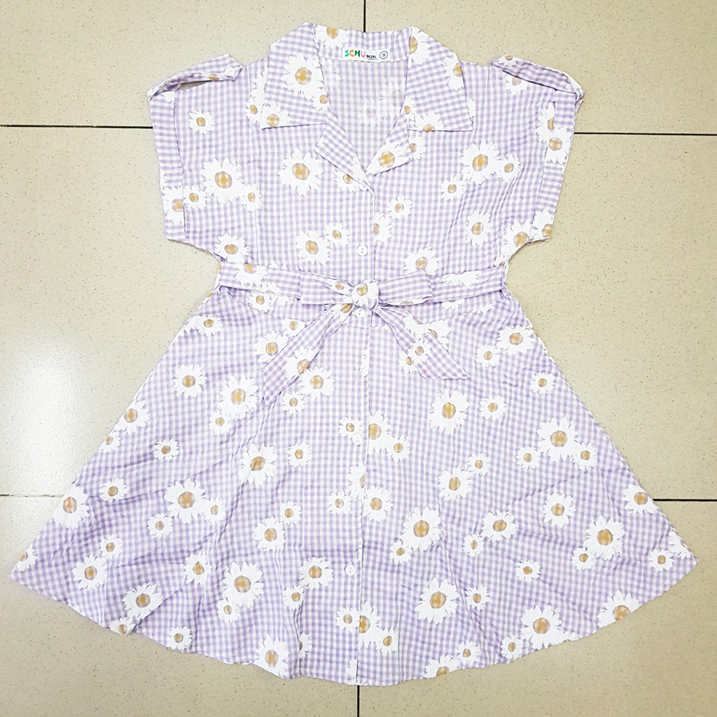 Đầm vải mềm xòe cột dây hoa cúc tím dễ thương bé gái