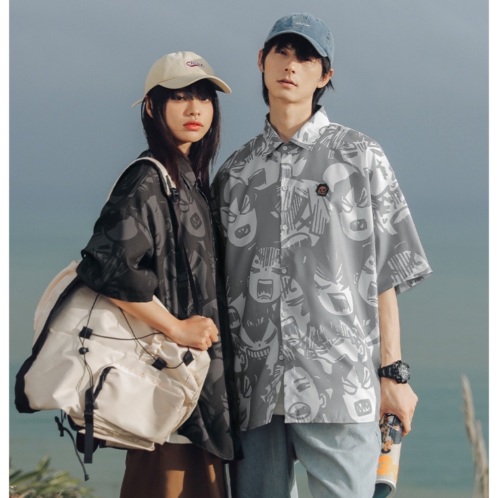 Áo sơ mi họa tiết MEANSTORE nam nữ tay lỡ Oversize form rộng ulzzang cổ pizama không nhăn dáng suông - Thêu logo gấu