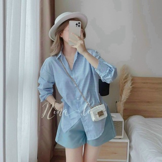 Set sơ mi đùi phong cách Hàn Quốc, áo sơ mi form rộng tay dài, quần short nữ, đồ bộ đùi nữ đẹp mặc đi chơi