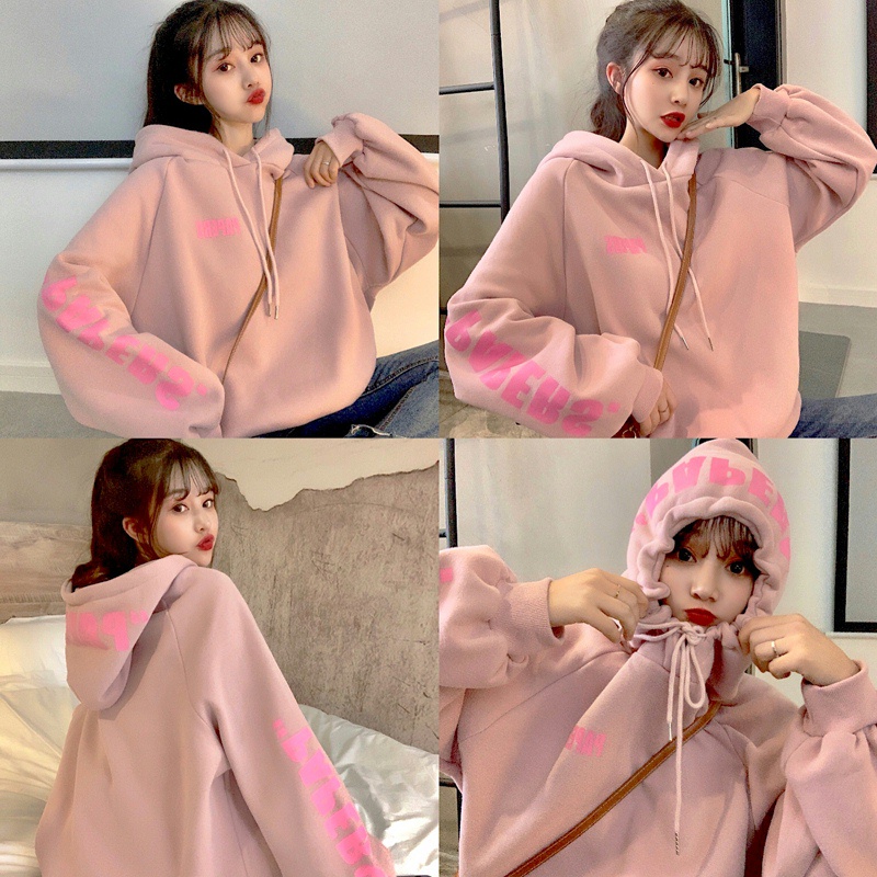 Áo hoodie nữ form rộng dài tay mũ trùm đầu FIRST DATE màu hồng dễ thương SMZ | BigBuy360 - bigbuy360.vn