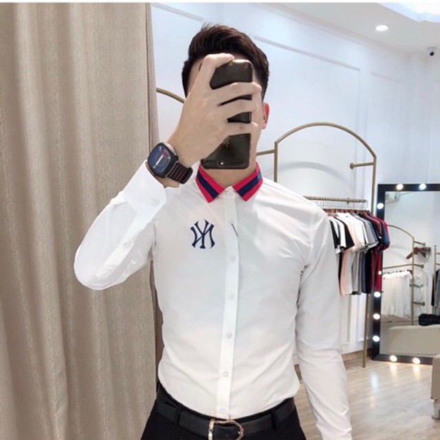 Áo Sơ Mi Trắng Thêu Ngực Và Phối Viền Cổ Thời Trang