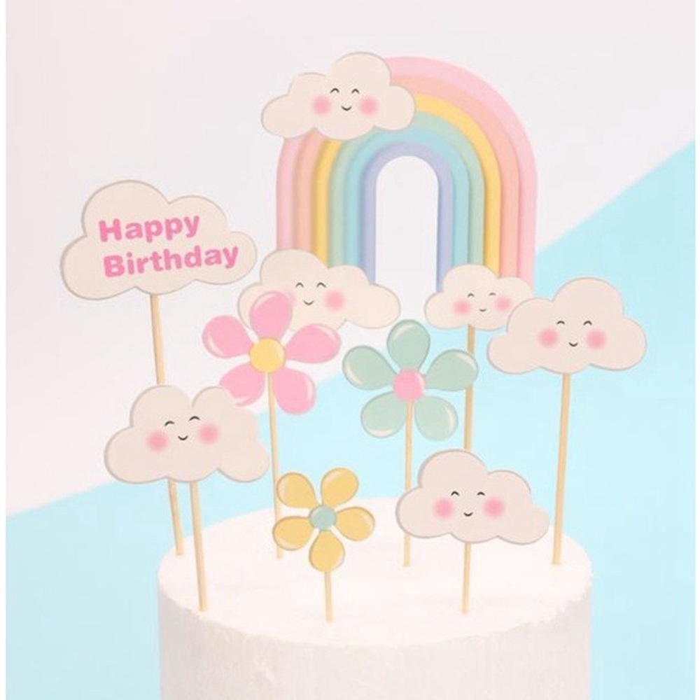 1 Set Phụ Kiện Thẻ Trang Trí Bánh Kem Sinh Nhật Hình Hoa/Mặt Cười/Đám Mây/Cầu Vồng Dễ Thương