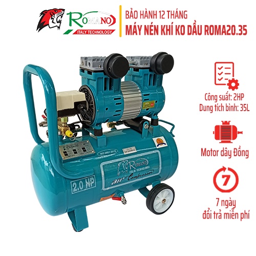 Máy nén khí không dầu Romano ROMA 20-35, Bình 35L, Công suất 2HP, 2 đầu khí ra, công nghệ Italy