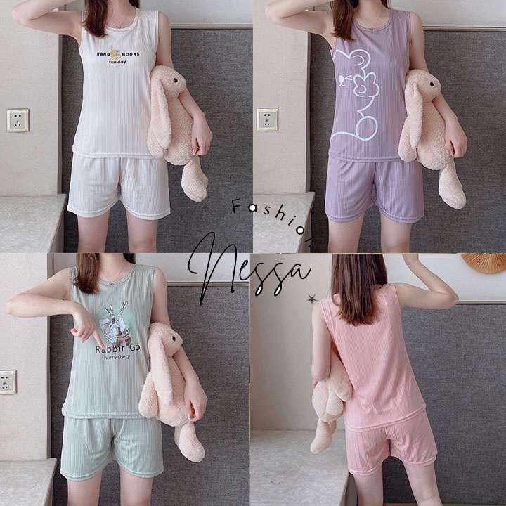 Pijama Bộ Đồ Ngủ NữQuần Áo Ba Lỗ Có Đệm Ngực Vải Cotton Mặc Ở Nhà Mùa Hè Xuân Xinh Dáng Hàn Quốc BĐN77