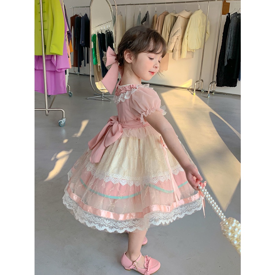 🌸FOOFOO🌸 lolita váy màu hồng Đầm Lolita Phối Ren Lưới Thắt Nơ Phong Cách Phương Tây Thời Trang Mùa Hè lolita Cho Bé Gái