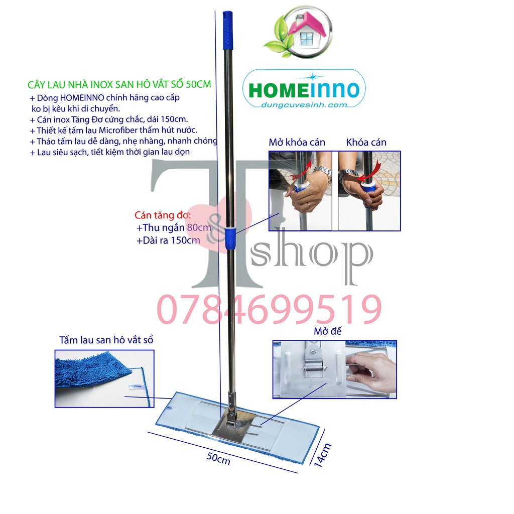 Cây Lau Nhà Công Nghiệp Bản Lau 50cm Homeinno Tấm Microfiber San Hô