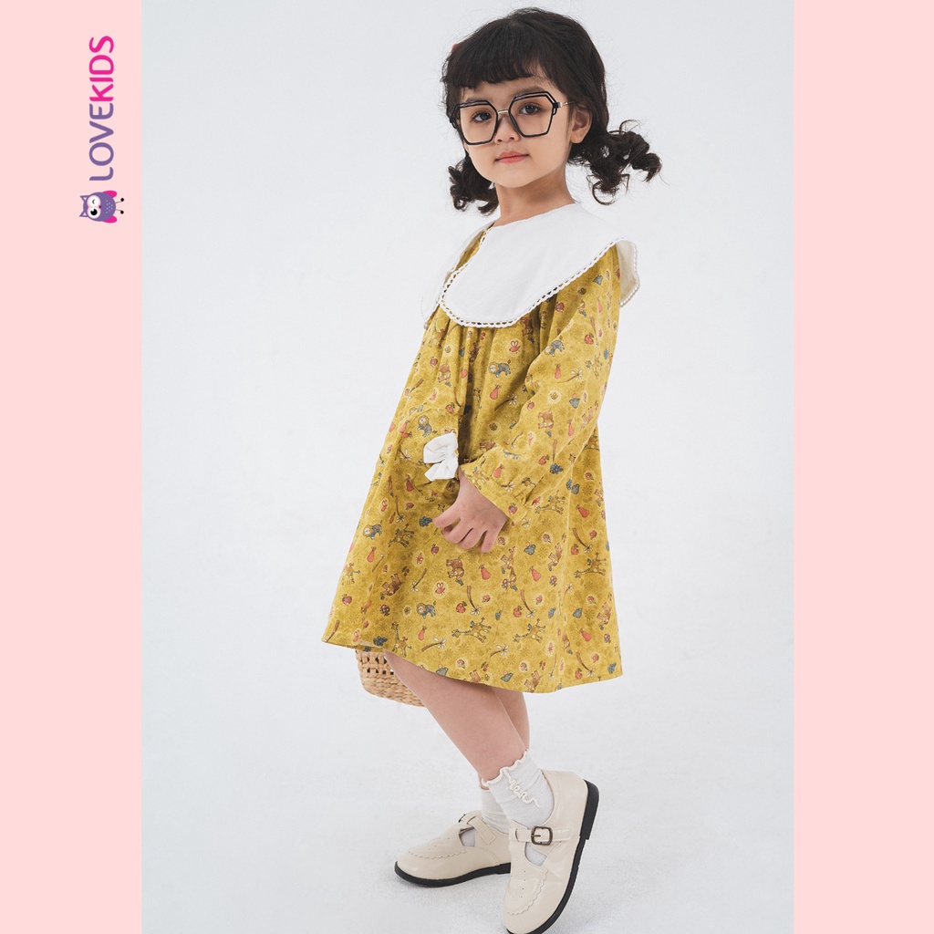 Đầm Premier Fabric dài tay cổ sen họa tiết hoạt hình bé gái - Lovekids