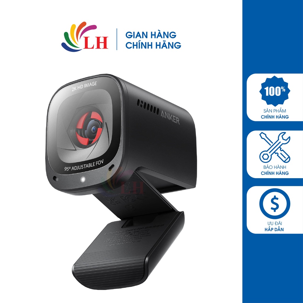 Webcam Anker PowerConf C200 2K A3369 - Hàng chính hãng - Độ phân giải lên đến 2K, lấy nét Auto, AI Noise Cancellation