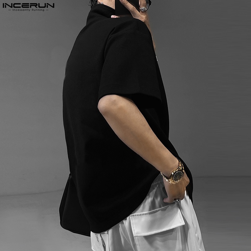 Áo thun polo INCERUN tay ngắn màu trơn dáng rộng phối khóa kéo thời trang cá tính cho nam