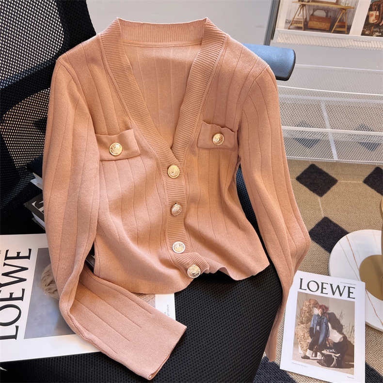 Áo Khoác cardigan Dệt Kim Tay Dài Dáng Ngắn Màu Hồng Thời Trang Mùa Thu Hàng Mới Dành Cho Bạn Nữ