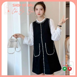 Váy bầu thu đông chất dạ nỉ đính cúc ngọc phối tay trắng dáng suông mặc công sở